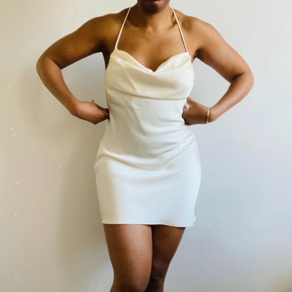 Zara cream satin cowl neck mini dress